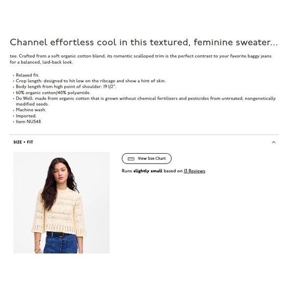 Madewell Scalloped Trim Sweater Tee XXS Beige Sand‎ Crop Knit Bell Sleeve NU548 - Picture 7 of 11